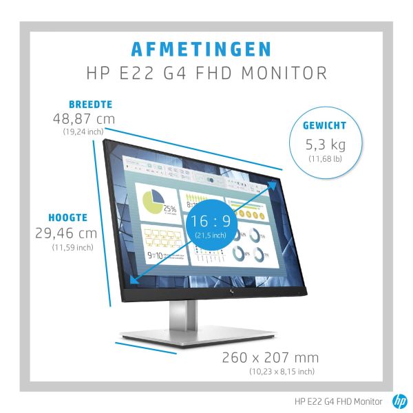 HP E-Series E22 G4 54,6 cm (21.5") 1920 x 1080 Pixels Full HD LCD Zwart, Zilver (9VH72AA)