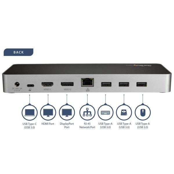 StarTech.com USB C Dock, Dual Monitor HDMI & DisplayPort 4K 30Hz, USB Type-C Laptop Docking Station, 60W Power Delivery, SD, 4 ports USB-A 3.0 Hub, GbE, Audio, Thunderbolt 3 Compatibel (DK30CHDPPDUE)