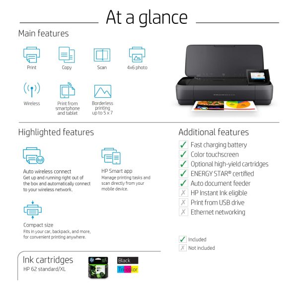 HP OfficeJet 250 Mobile All-in-One printer, Printen, kopiëren, scannen, Invoer 10 vel (CZ992A#BHC)