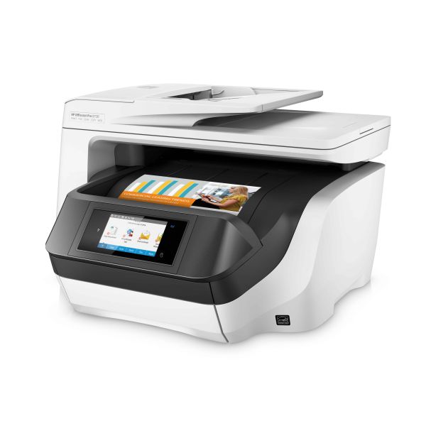 HP OfficeJet Pro 8730 All-in-One printer, Printen, kopiëren, scannen, faxen, Invoer voor 50 vel; Printen via USB-poort aan voorzijde; Scans naar e-mail/pdf; Dubbelzijdig printen (D9L20A#A80)