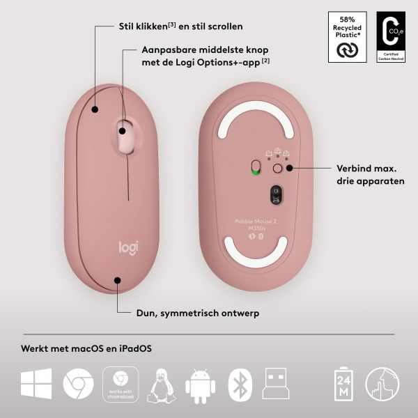 Logitech Pebble 2 Combo toetsenbord Inclusief muis RF-draadloos + Bluetooth QWERTY US International Roze (920-012241)