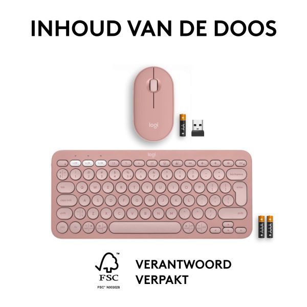 Logitech Pebble 2 Combo toetsenbord Inclusief muis RF-draadloos + Bluetooth QWERTY US International Roze (920-012241)