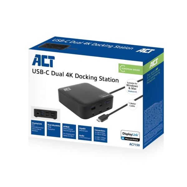 ACT Universeel USB-C Dockingstation 4K, voor 2 HDMI/DisplayPort monitoren, DisplayLink, compact model (AC7150)