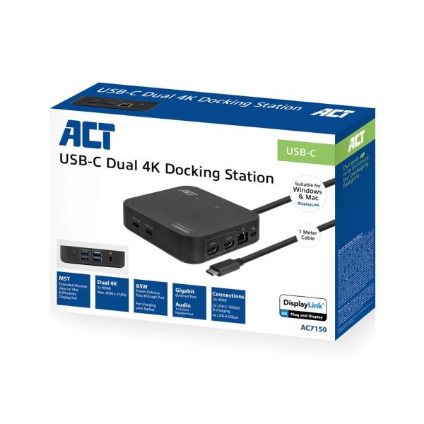 ACT USB-C Docking Station 4K for 2 HDMI monitors DisplayLink compact model (AC7150)