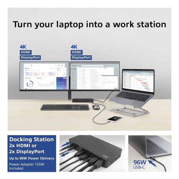 ACT USB-C Docking Station 4K, voor 2 HDMI of DisplayPort monitoren, DisplayLink (AC7160)