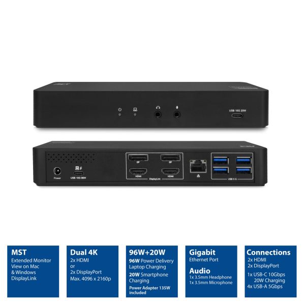 ACT USB-C Docking Station 4K, voor 2 HDMI of DisplayPort monitoren, DisplayLink (AC7160)