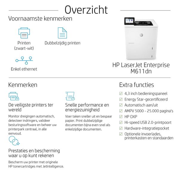 HP LaserJet Enterprise M611dn, Zwart-wit, Printer voor Print, Dubbelzijdig printen (7PS86A)