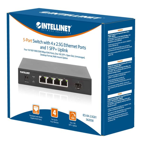 Intellinet 5-poorts 2.5G multi-gigabit netwerk switch, 4x 2.5G RJ45 + 1x 10G SFP+ uplink, onbeheerde switch, desktopformaat, wandmontage mogelijk, 3 jaar garantie (562058)