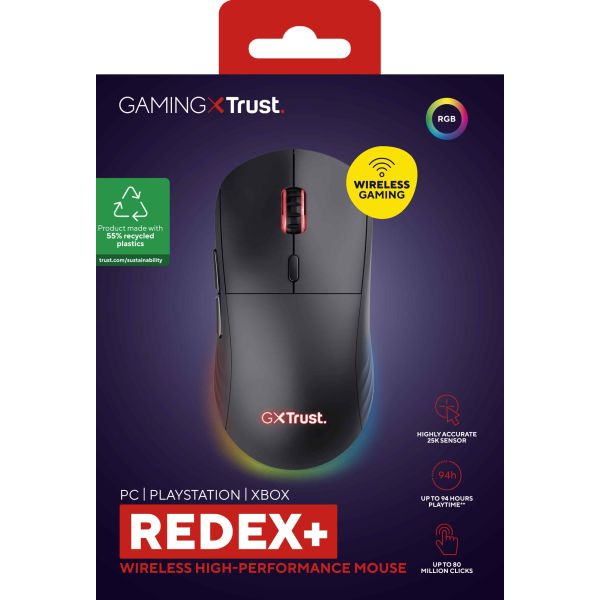 Trust GXT 927 Redex+ Gaming Muis - Draadloze gamingmuis – 6 programmeerbare knoppen – 25600 DPI – Zwart (25127) Trust GXT 927 Redex+ Gaming Muis - Draadloze gamingmuis – 6 programmeerbare knoppen – 25600 DPI – Zwart (25127)