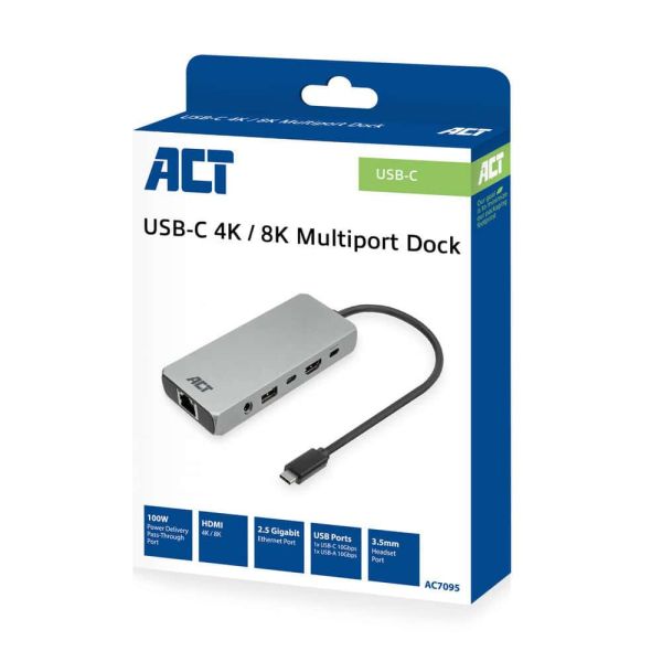 ACT USB-C 4K / 8K 30Hz dockingstation voor 1 HDMI monitor, 2,5 Gigabit ethernet, USB-C 10Gbps, USB-A 10Gbps, 3,5mm audio, PD pass-through (AC7095)