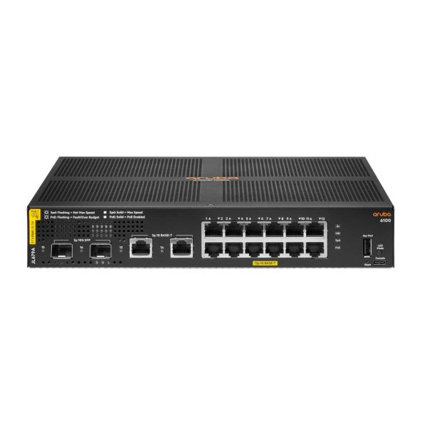 Hewlett Packard Enterprise Aruba 6100 12G Class4 PoE 2G/2SFP+ 139W Managed L3 Gigabit Ethernet (10/100/1000) Power over Ethernet (PoE) 1U Zwart (JL679A#ABB)