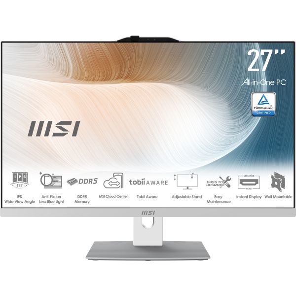 MSI Modern AM272P 1M-838DE Intel Core 5 120U 68,6 cm (27") 1920 x 1080 Pixels Alles-in-één-pc 8 GB DDR5-SDRAM 512 GB SSD Windows 11 Pro Wi-Fi 6E (802.11ax) Wit (00AF8232-838)