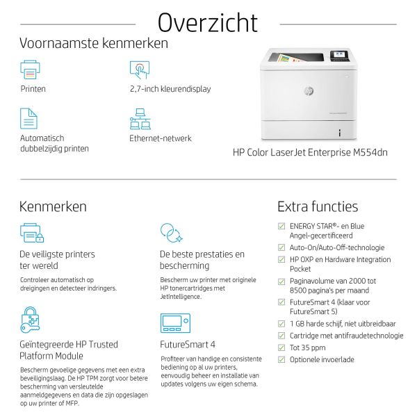 HP Color LaserJet Enterprise M554dn printer, Print, Printen via de USB-poort aan voorzijde; Dubbelzijdig printen (7ZU81A)