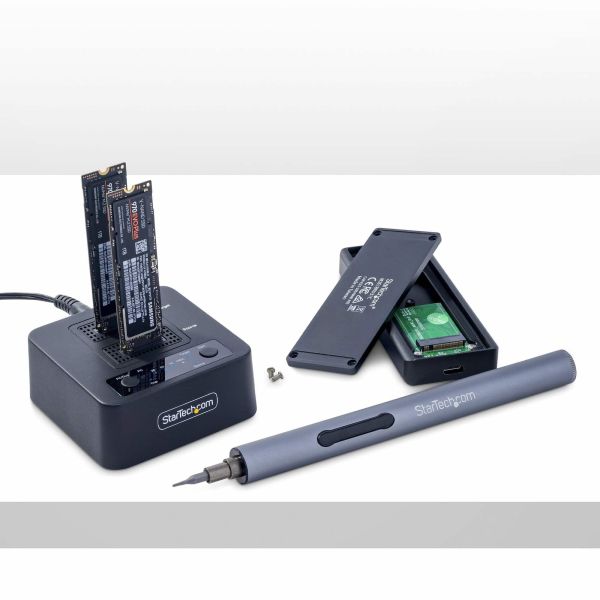 StarTech.com 1:1 M.2 NVMe Drive Duplicator, Standalone M.2 SSD Cloner/Copier tot 90GBpm, USB 3.2 20Gbps Dual-Bay M.2 Drive Dock, Inclusief USB-C/A Kabels (M2-HDD-DUPLICATOR-N1)