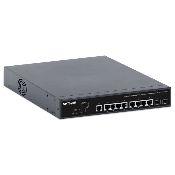 Intellinet 10-poorts L2+ volledig beheerde PoE++ netwerk switch, 8x Gigabit Ethernet + 2x SFP uplinks, IEEE 802.3bt (2x 90 W, 6x 30 W), 242 W PoE-budget, desktopformaat, incl. 19" rackbeugels, 3 jaar garantie (562003) Intellinet 10-poorts L2+ volledig beheerde PoE++ netwerk switch, 8x Gigabit Ethernet + 2x SFP uplinks, IEEE 802.3bt (2x 90 W, 6x 30 W), 242 W PoE-budget, desktopformaat, incl. 19" rackbeugels, 3 jaar garantie (562003)