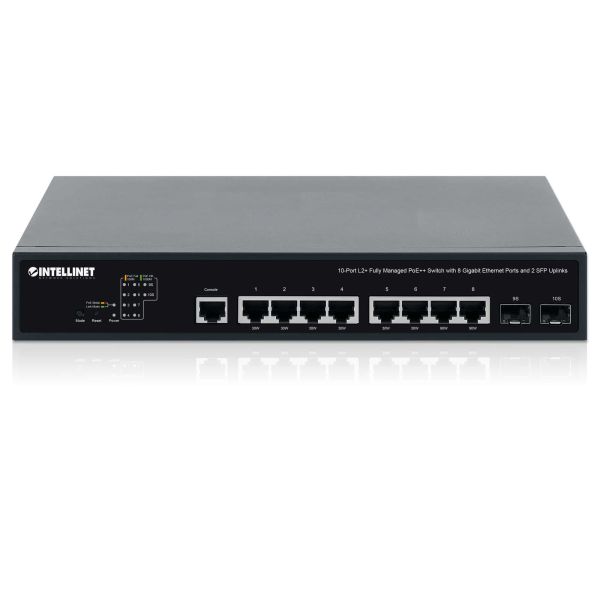 Intellinet 10-poorts L2+ volledig beheerde PoE++ netwerk switch, 8x Gigabit Ethernet + 2x SFP uplinks, IEEE 802.3bt (2x 90 W, 6x 30 W), 242 W PoE-budget, desktopformaat, incl. 19" rackbeugels, 3 jaar garantie (562003) Intellinet 10-poorts L2+ volledig beheerde PoE++ netwerk switch, 8x Gigabit Ethernet + 2x SFP uplinks, IEEE 802.3bt (2x 90 W, 6x 30 W), 242 W PoE-budget, desktopformaat, incl. 19" rackbeugels, 3 jaar garantie (562003)