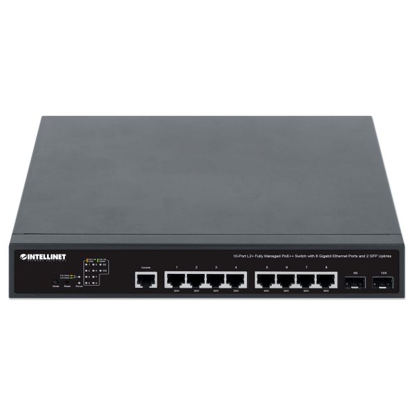 Intellinet 10-poorts L2+ volledig beheerde PoE++ netwerk switch, 8x Gigabit Ethernet + 2x SFP uplinks, IEEE 802.3bt (2x 90 W, 6x 30 W), 242 W PoE-budget, desktopformaat, incl. 19" rackbeugels, 3 jaar garantie (562003) Intellinet 10-poorts L2+ volledig beheerde PoE++ netwerk switch, 8x Gigabit Ethernet + 2x SFP uplinks, IEEE 802.3bt (2x 90 W, 6x 30 W), 242 W PoE-budget, desktopformaat, incl. 19" rackbeugels, 3 jaar garantie (562003)