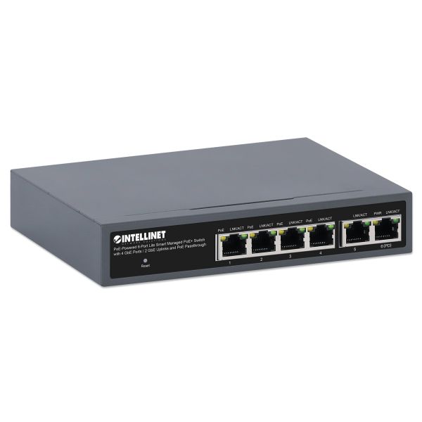 Intellinet PoE-gevoede 6-poorts lite smart managed PoE+ netwerk switch met 4 GbE-poorten / 2 GbE-uplinks en PoE passthrough, 3 jaar garantie (562034) Intellinet PoE-gevoede 6-poorts lite smart managed PoE+ netwerk switch met 4 GbE-poorten / 2 GbE-uplinks en PoE passthrough, 3 jaar garantie (562034)