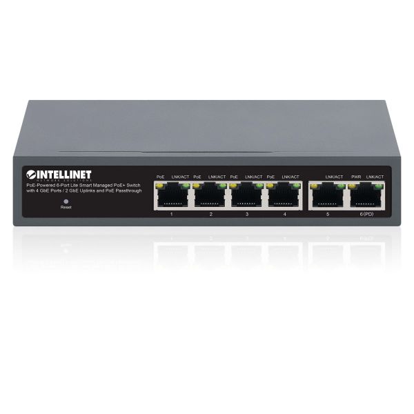 Intellinet PoE-gevoede 6-poorts lite smart managed PoE+ netwerk switch met 4 GbE-poorten / 2 GbE-uplinks en PoE passthrough, 3 jaar garantie (562034) Intellinet PoE-gevoede 6-poorts lite smart managed PoE+ netwerk switch met 4 GbE-poorten / 2 GbE-uplinks en PoE passthrough, 3 jaar garantie (562034)