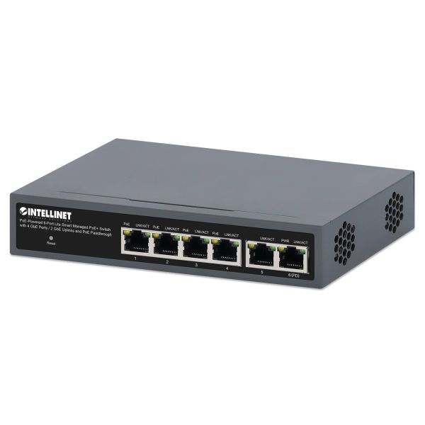 Intellinet PoE-gevoede 6-poorts lite smart managed PoE+ netwerk switch met 4 GbE-poorten / 2 GbE-uplinks en PoE passthrough, 3 jaar garantie (562034)