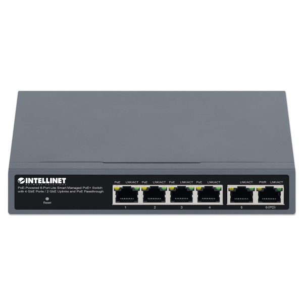 Intellinet PoE-gevoede 6-poorts lite smart managed PoE+ netwerk switch met 4 GbE-poorten / 2 GbE-uplinks en PoE passthrough, 3 jaar garantie (562034) Intellinet PoE-gevoede 6-poorts lite smart managed PoE+ netwerk switch met 4 GbE-poorten / 2 GbE-uplinks en PoE passthrough, 3 jaar garantie (562034)