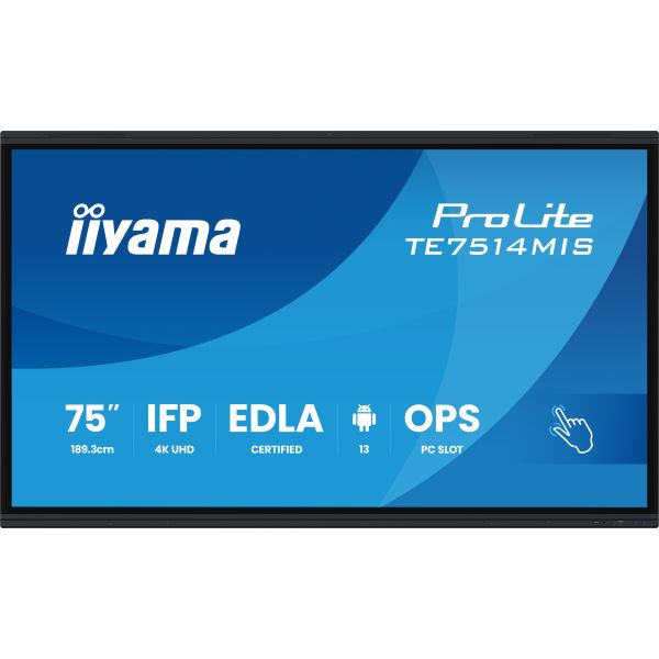 iiyama PROLITE TE7514MIS-B2AG Kiosk-ontwerp 190,5 cm (75") LCD Wifi 435 cd/m² 4K Ultra HD Zwart Touchscreen Type processor Android 24/7 (TE7514MIS-B2AG)