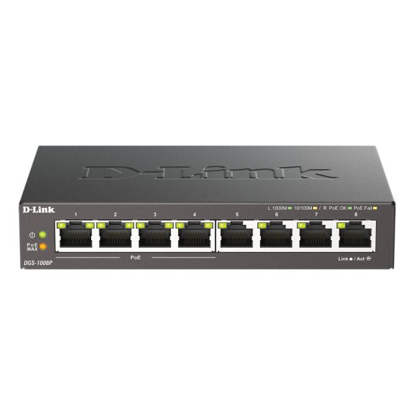 D-Link DGS-1008P/E netwerk-switch Unmanaged L2 Gigabit Ethernet (10/100/1000) Power over Ethernet (PoE) Desktop Zwart (DGS-1008P)