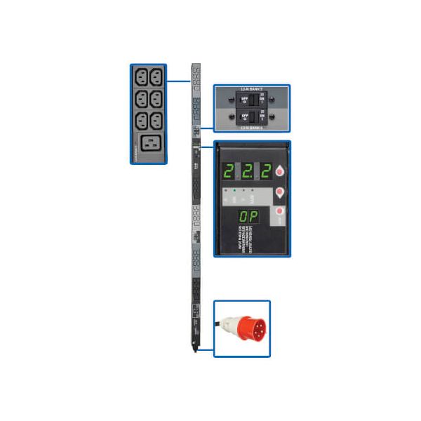 Eaton 3-Phase Local Metered PDU 23kW 42 208-240V outlets 36 C13 6 C19 IEC309 32A Red 3P+N+E 360-415V Input 0u vertical TAA (PDU3XMV6G32)