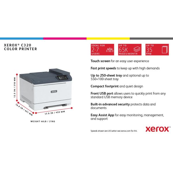 Xerox C320 A4 33 ppm draadloze dubbelzijdige printer PS3 PCL5e6/6 2 laden totaal 251 vel (C320V_DNI)