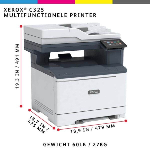 Xerox C325 A4 33 ppm draadloze dubbelzijdige printer PS3 PCL5e/6 2 laden totaal 251 vel (C325V_DNI)