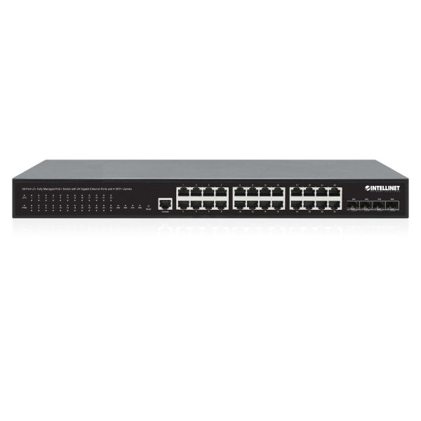 Intellinet 28-poorts L2+ managed PoE+ netwerk switch, 24x Gigabit RJ45 + 4x 10G SFP+ uplinks, IEEE 802.3at/af conform, PoE-budget 370 W, Layer 2+/L3 Lite functies, 19" rackmontage, 3 jaar garantie (561846)