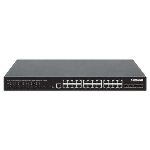 Intellinet 28-poorts L2+ managed PoE+ netwerk switch, 24x Gigabit RJ45 + 4x 10G SFP+ uplinks, IEEE 802.3at/af conform, PoE-budget 370 W, Layer 2+/L3 Lite functies, 19" rackmontage, 3 jaar garantie (561846)