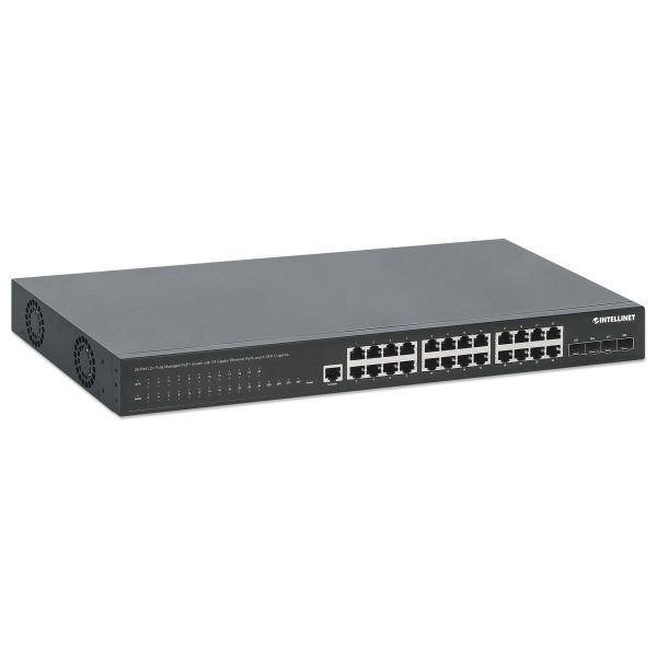 Intellinet 28-poorts L2+ managed PoE+ netwerk switch, 24x Gigabit RJ45 + 4x 10G SFP+ uplinks, IEEE 802.3at/af conform, PoE-budget 370 W, Layer 2+/L3 Lite functies, 19" rackmontage, 3 jaar garantie (561846)