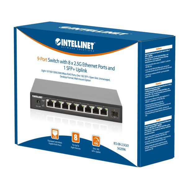 Intellinet 9-poorts 2.5G multi-gigabit netwerk switch, 8x 2.5G RJ45-poorten + 1x 10G SFP+ uplink, onbeheerde switch, desktopformaat, wandmontage mogelijk, 3 jaar garantie (562096)