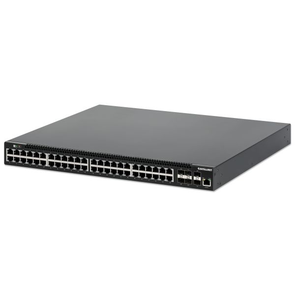Intellinet 54-poorts L3 volledig beheerde Gigabit PoE+ netwerk switch, 48x RJ45 + 6x 10G SFP+ uplinks, PoE-budget 850 W, Layer 3 routing, VLAN/QoS, 19" rackmontage, professionele netwerkomgevingen, 3 jaar garantie (562041)