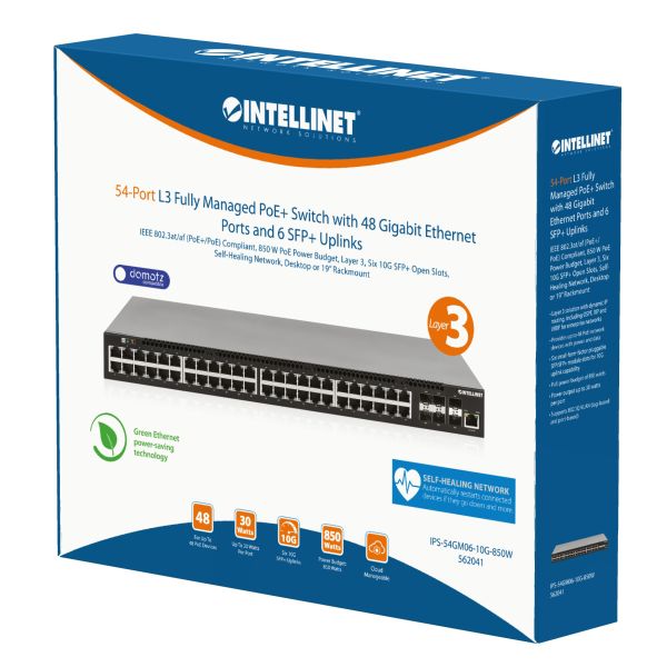 Intellinet 54-poorts L3 volledig beheerde Gigabit PoE+ netwerk switch, 48x RJ45 + 6x 10G SFP+ uplinks, PoE-budget 850 W, Layer 3 routing, VLAN/QoS, 19" rackmontage, professionele netwerkomgevingen, 3 jaar garantie (562041)