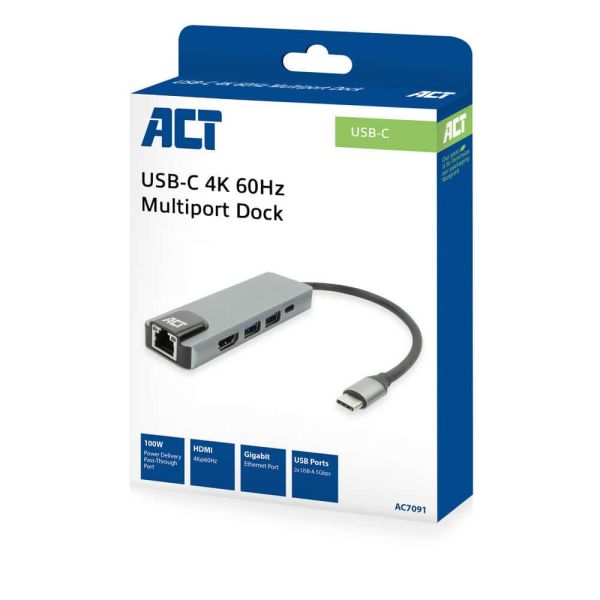 ACT USB-C 4K dockingstation voor 1 HDMI monitor, ethernet, USB-A, PD pass-through (AC7091)