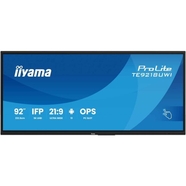 iiyama TE9218UWI-B1AG beeldkrant Interactief flatscreen 2,32 m (91.5") LED Wifi 500 cd/m² 5K Ultra HD Zwart Touchscreen Type processor Android 16/7 (TE9218UWI-B1AG)