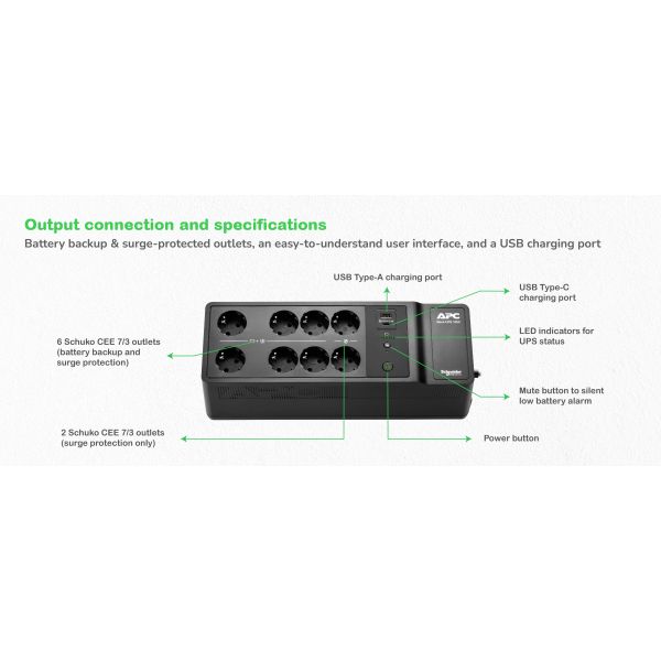APC Back-UPS BE1050G2-GR - Noodstroomvoeding 8x stopcontact, 1050VA, 2 USB opladers, 1 USB datapoort (BE1050G2-GR)