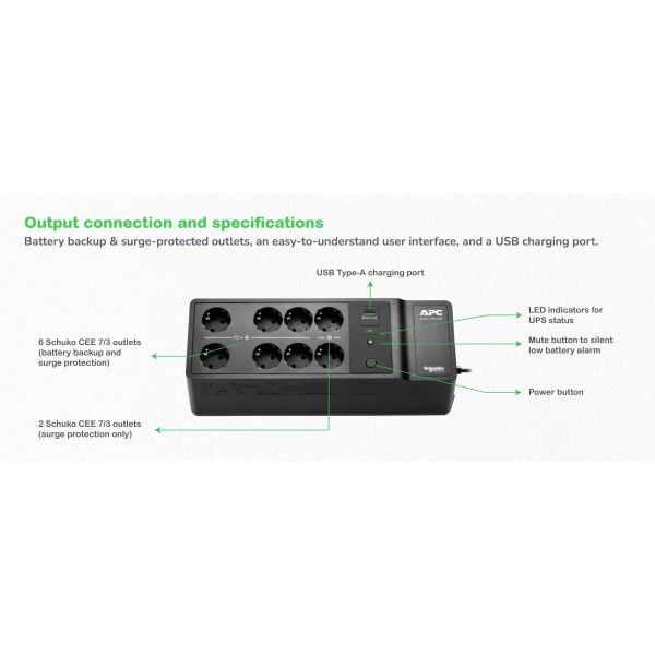 APC Back-UPS BE500G2-GR - Noodstroomvoeding 8x stopcontact, 500VA, 1 USB oplader, 1 USB datapoort (BE500G2-GR)