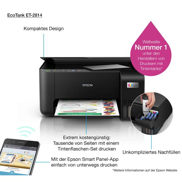 Epson EcoTank ET-2814 A4 multifunctionele Wi-Fi-printer met inkttank, inclusief tot 3 jaar inkt (C11CJ67416)