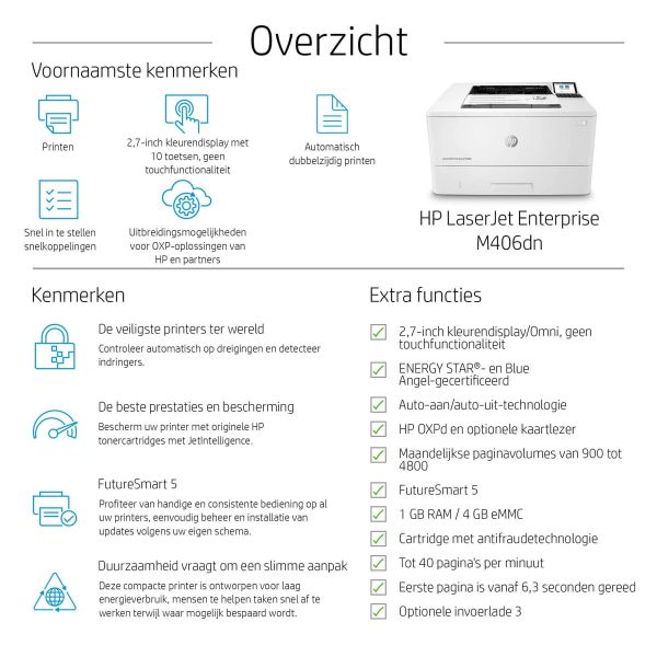 HP LaserJet Enterprise M406dn, Zwart-wit, Printer voor Bedrijf, Print, Compact formaat; Optimale beveiliging; Dubbelzijdig printen; Energiezuinig; Printen via USB-poort aan voorzijde (3PZ15A)
