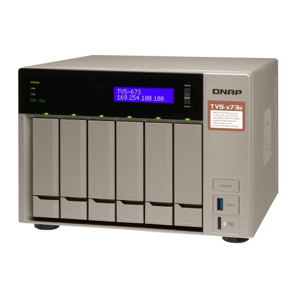 QNAP TVS-673E NAS Tower AMD Embedded R-Series SoC RX-421BD 8 GB DDR4 QNAP Turbo System Grijs (TVS-673E-8G)