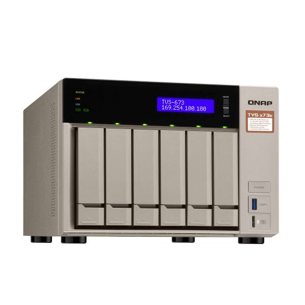 QNAP TVS-673E NAS Tower AMD Embedded R-Series SoC RX-421BD 8 GB DDR4 QNAP Turbo System Grijs (TVS-673E-8G)