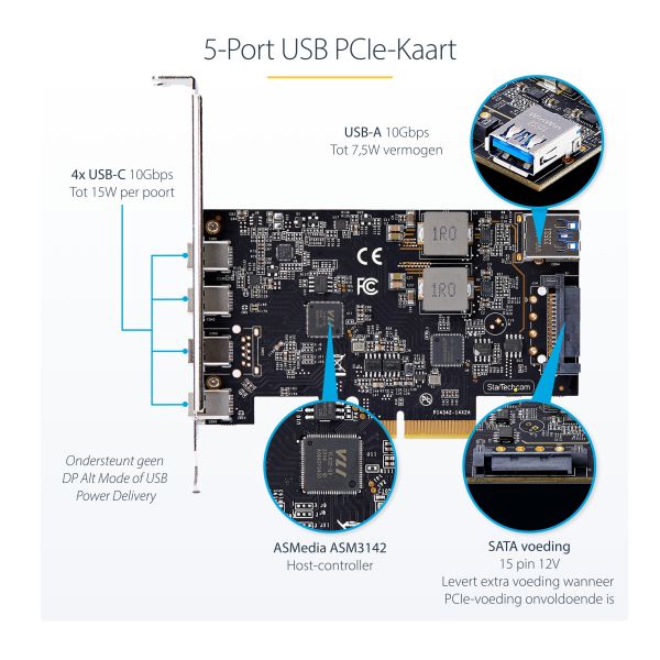 StarTech.com 5-Port USB PCIe Kaart, USB 3.2 10Gbps, PCI Express Kaart met 4x USB-C Poorten, 1x USB-A Interne Poort, USB PCIe Controller Kaart, Windows/macOS/Linux (PS4C3IA3-USB-C-CARD)
