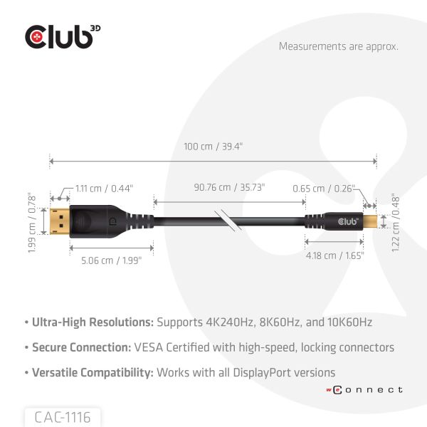 CLUB3D Mini DisplayPort™ to DisplayPort™ Bi-Directional VESA DP80 Certified Cable M/M 1m/3.28ft (CAC-1116)