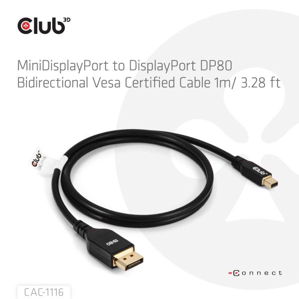 CLUB3D Mini DisplayPort™ to DisplayPort™ Bi-Directional VESA DP80 Certified Cable M/M 1m/3.28ft (CAC-1116)