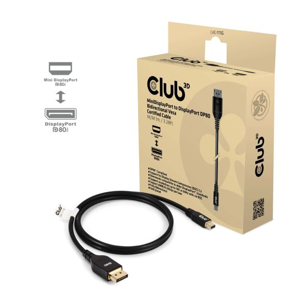CLUB3D Mini DisplayPort™ to DisplayPort™ Bi-Directional VESA DP80 Certified Cable M/M 1m/3.28ft (CAC-1116)