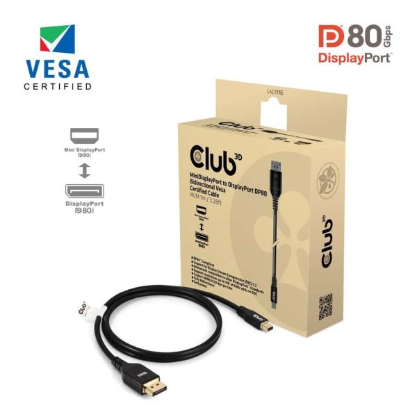 CLUB3D Mini DisplayPort™ to DisplayPort™ Bi-Directional VESA DP80 Certified Cable M/M 1m/3.28ft (CAC-1116)
