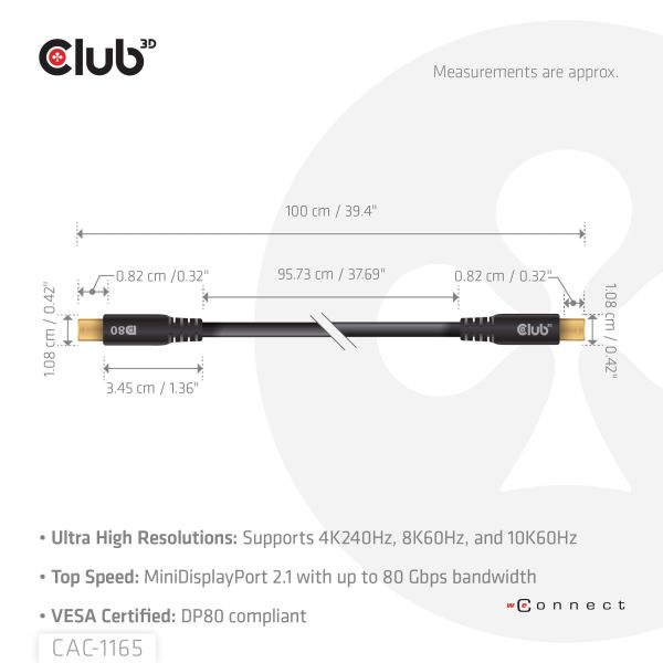 CLUB3D MiniDisplayPort™ to MiniDisplayPort Bi-Directional VESA DP80 Certified Cable M/M 1m/3.28ft (CAC-1165)